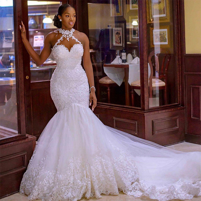 Vintage Lace Beaded Mermaid Wedding Dress with Sheer Neckline