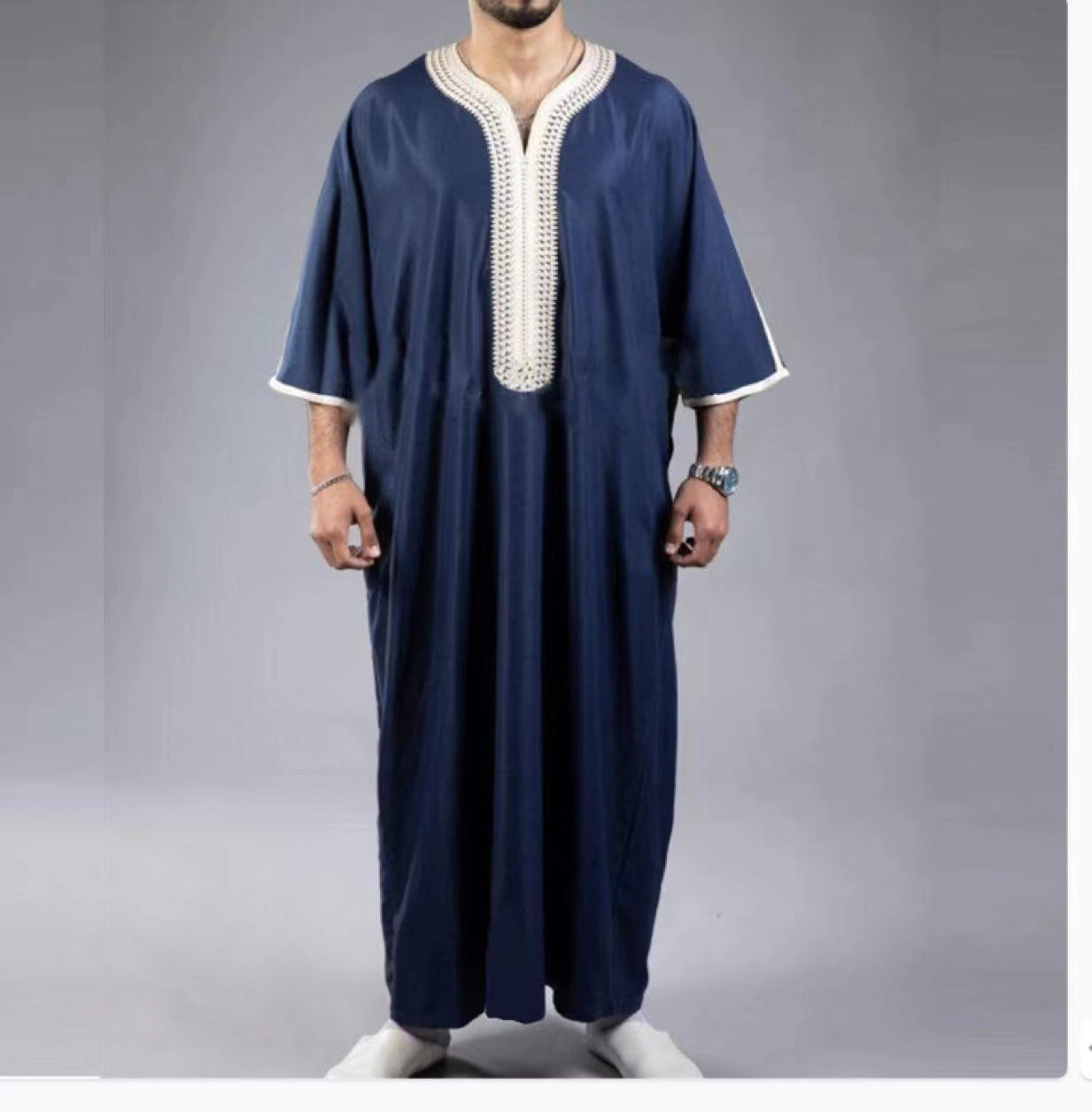 Men’s Navy Blue Arabic Robe Mid Short Sleeve Embroidered