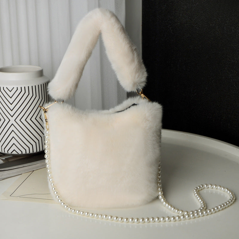 Checkerboard Plush Bucket Bag Pearl Chain Winter Luxury Women’s Handbag