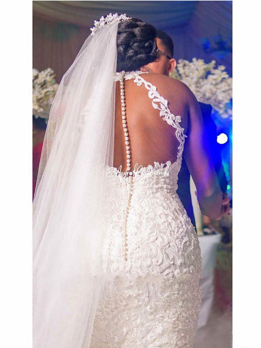 Vintage Lace Beaded Mermaid Wedding Dress with Sheer Neckline