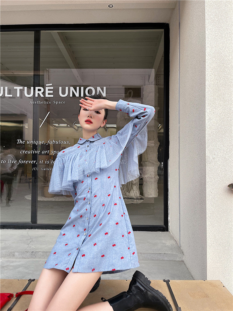 Women’s Long Sleeve Blue Shirt Dress Elegant Casual Style