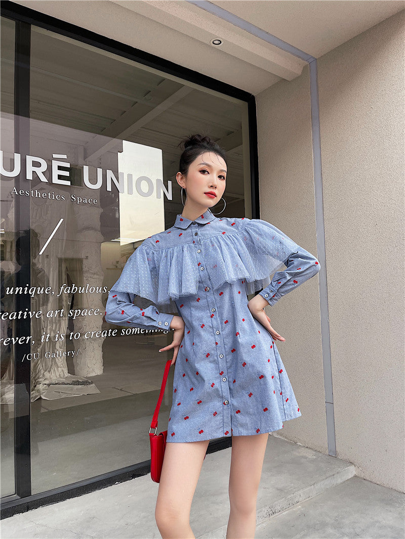 Women’s Long Sleeve Blue Shirt Dress Elegant Casual Style