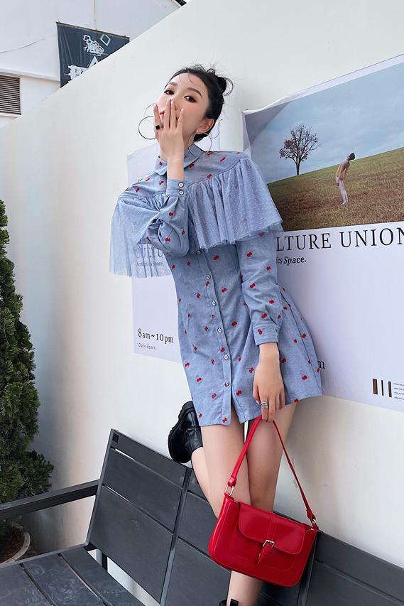 Women’s Long Sleeve Blue Shirt Dress Elegant Casual Style