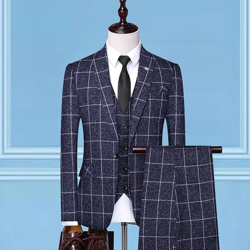 Men’s Checkered Three Piece Work Suits Professional Fashion