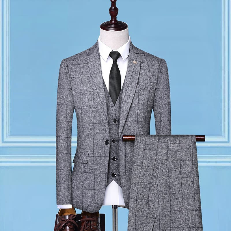 Men’s Checkered Three Piece Work Suits Professional Fashion