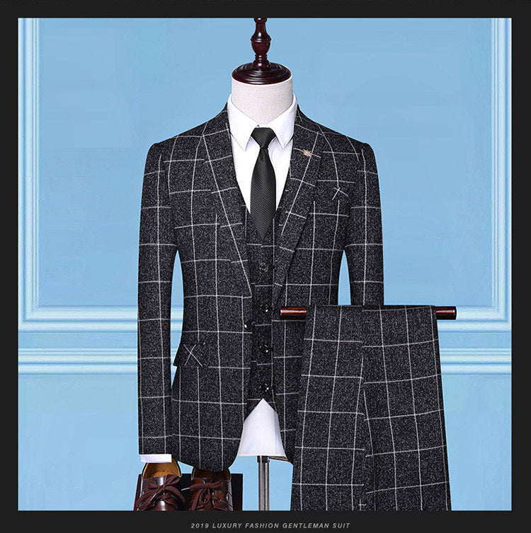 Men’s Checkered Three Piece Work Suits Professional Fashion