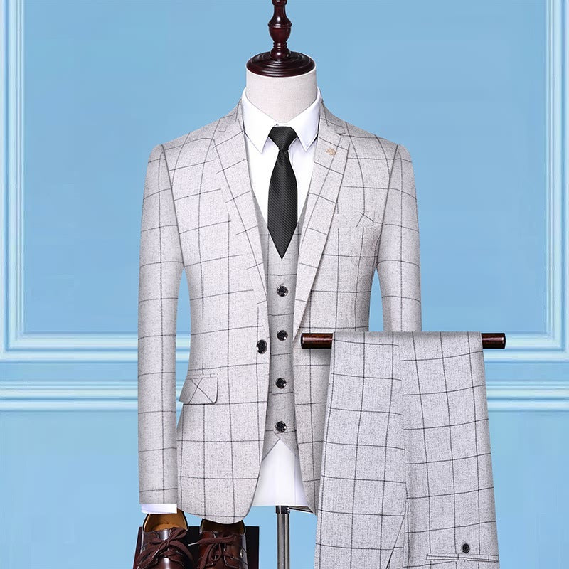 Men’s Checkered Three Piece Work Suits Professional Fashion