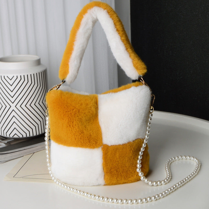 Checkerboard Plush Bucket Bag Pearl Chain Winter Luxury Women’s Handbag