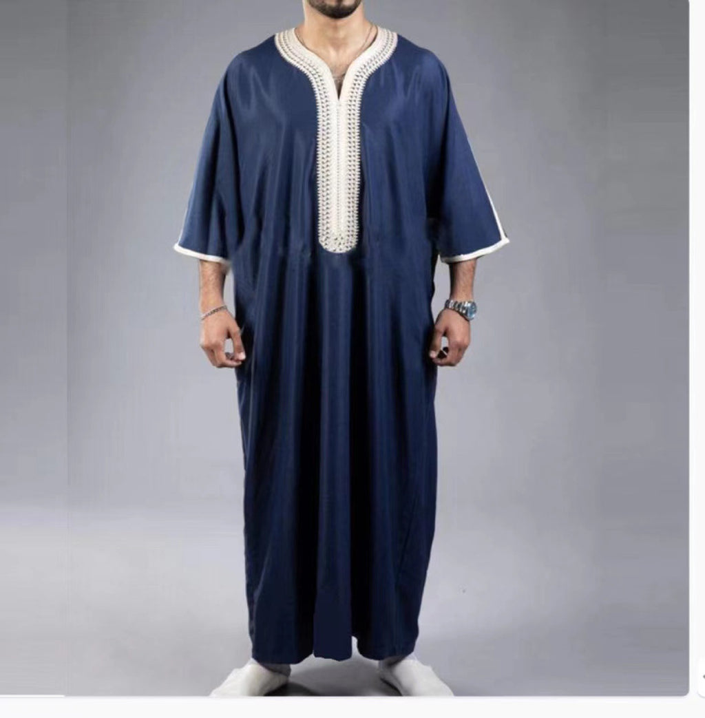 Men’s Navy Blue Arabic Robe Mid Short Sleeve Embroidered