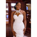 Vintage Lace Beaded Mermaid Wedding Dress with Sheer Neckline