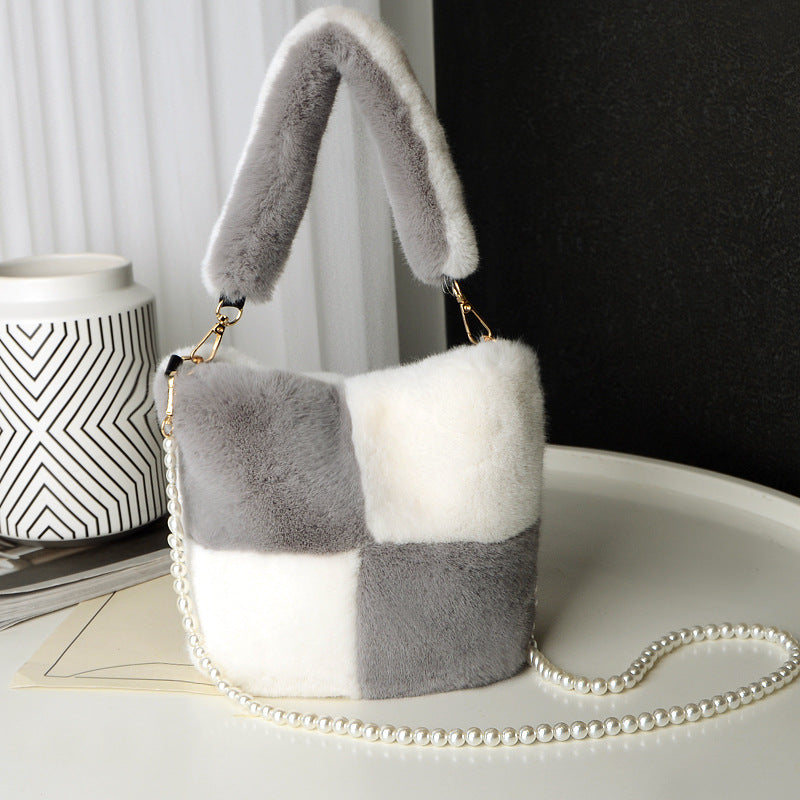 Checkerboard Plush Bucket Bag Pearl Chain Winter Luxury Women’s Handbag