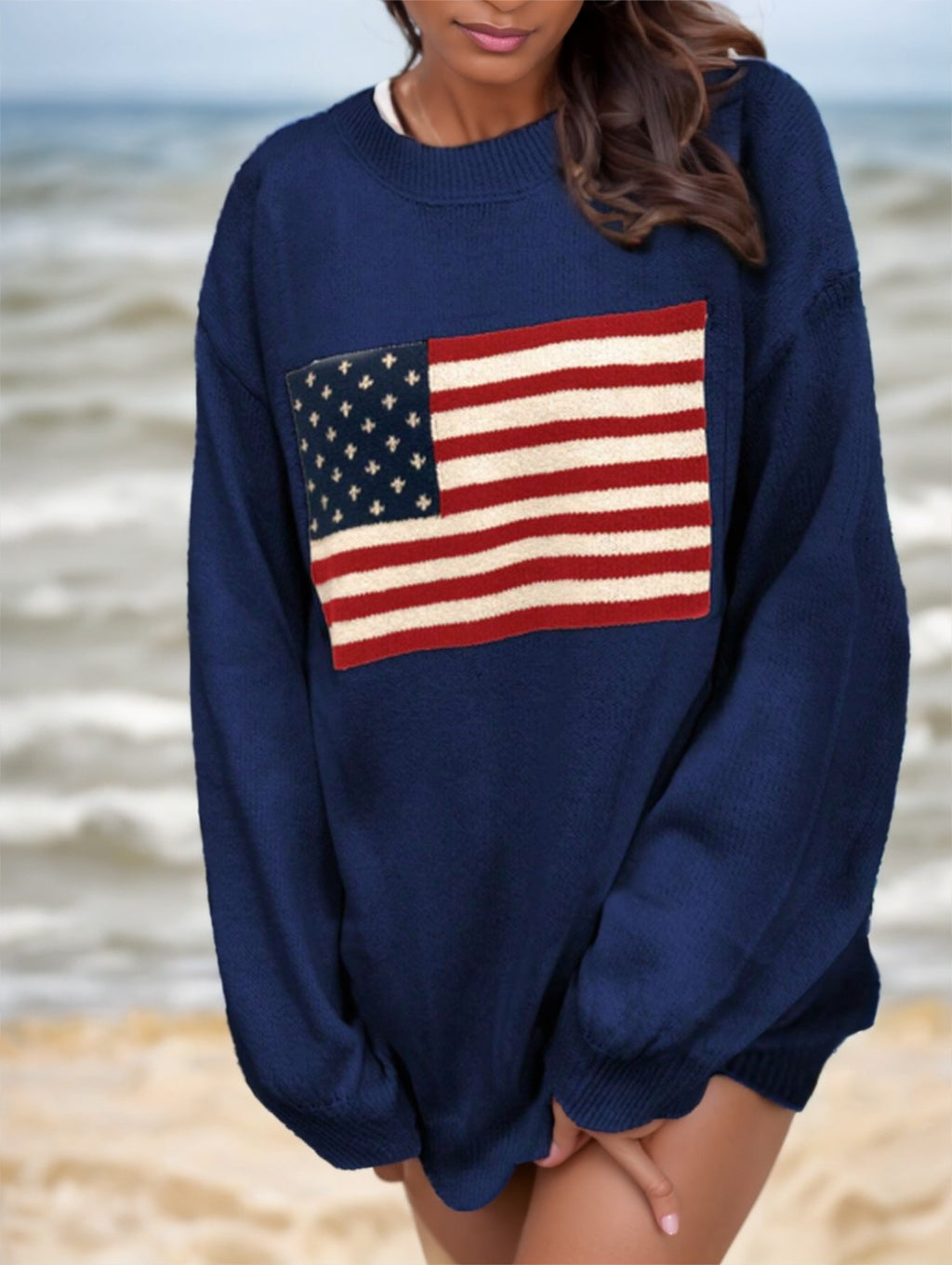 American USA Flag Drop Shoulder Sweater Long Sleeve Casual Top
