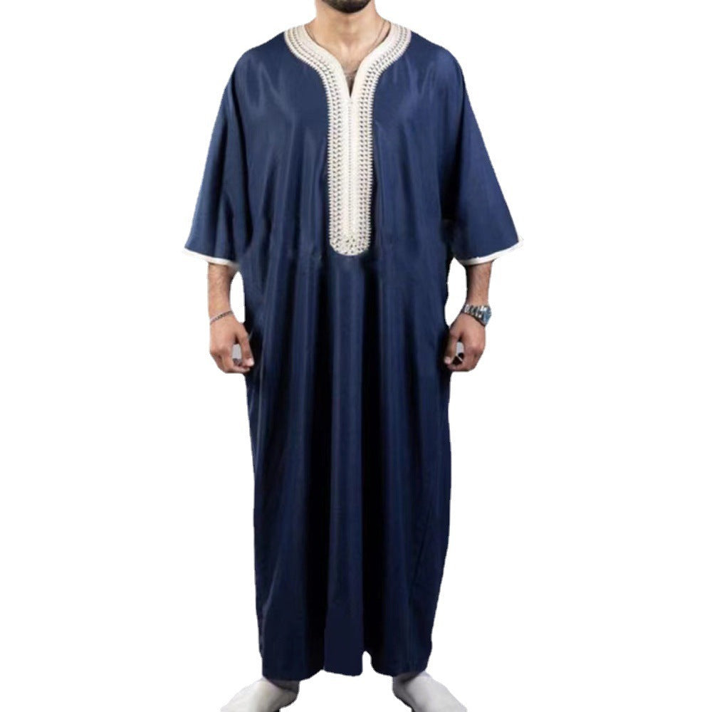 Men’s Navy Blue Arabic Robe Mid Short Sleeve Embroidered