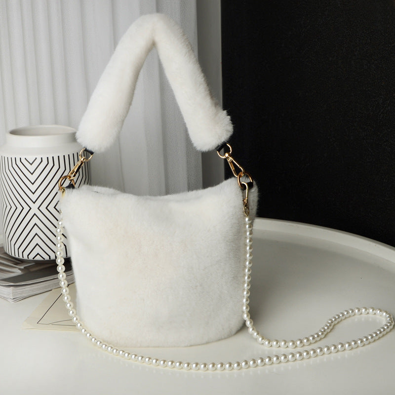 Checkerboard Plush Bucket Bag Pearl Chain Winter Luxury Women’s Handbag