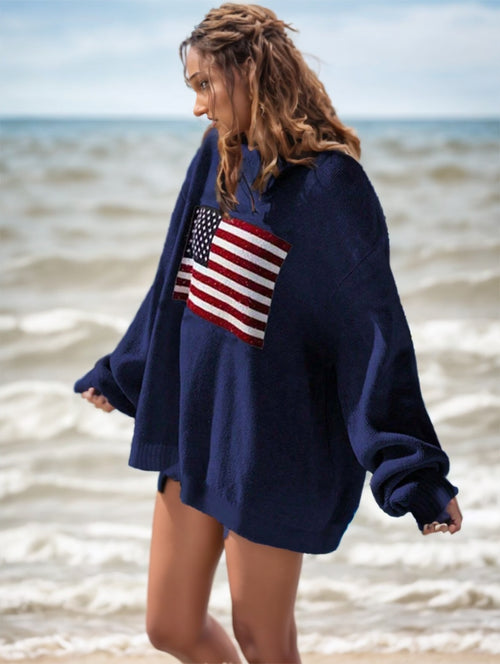 American USA Flag Drop Shoulder Sweater Long Sleeve Casual Top