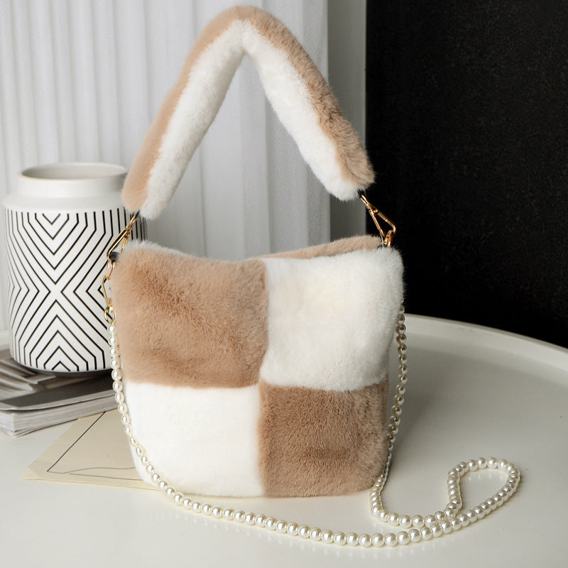 Checkerboard Plush Bucket Bag Pearl Chain Winter Luxury Women’s Handbag