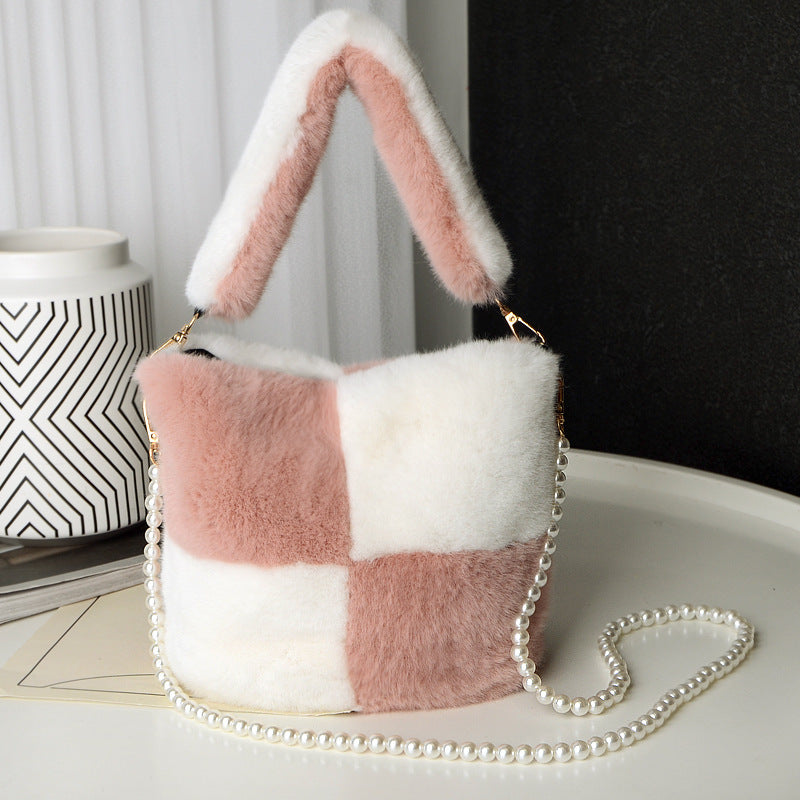 Checkerboard Plush Bucket Bag Pearl Chain Winter Luxury Women’s Handbag