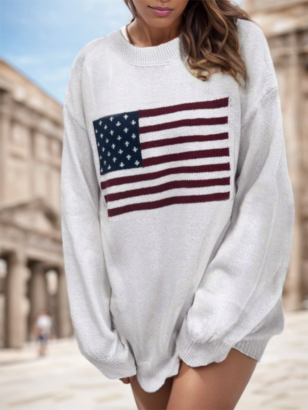 American USA Flag Drop Shoulder Sweater Long Sleeve Casual Top