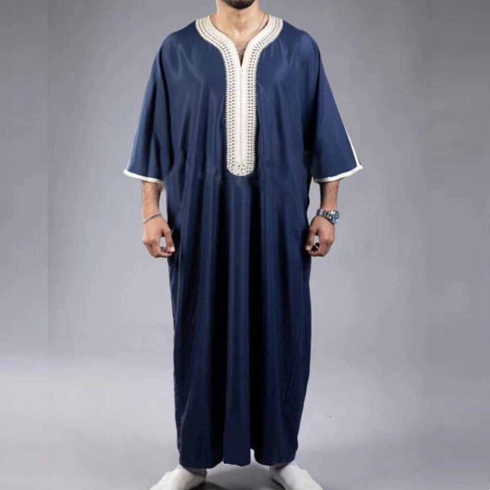 Men’s Navy Blue Arabic Robe Mid Short Sleeve Embroidered