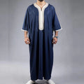 Men’s Navy Blue Arabic Robe Mid Short Sleeve Embroidered