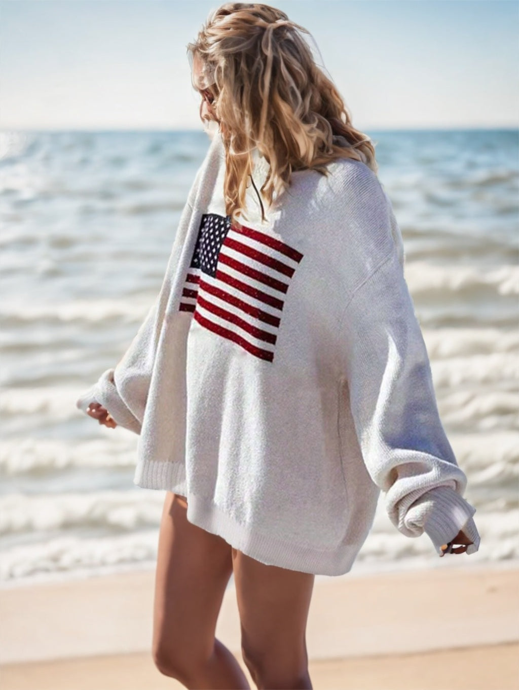 American USA Flag Drop Shoulder Sweater Long Sleeve Casual Top